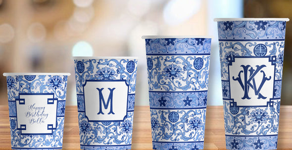 Blue Chinoiserie Hot/Cold Paper Party Cups- Set of 12