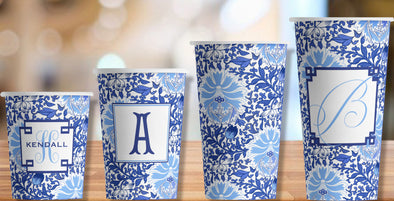 Blue Chinoiserie Flowers Hot/Cold Paper Party Cups - Set of 12