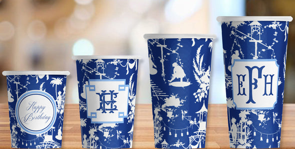 Navy Chinoiserie Print Hot/Cold Paper Party Cups - Set of 12