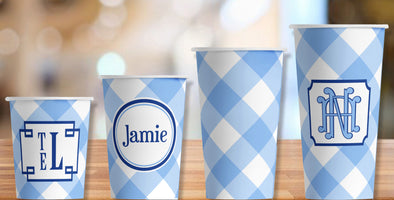 Blue Gingham Hot/Cold Paper Party Cups - Set of 12