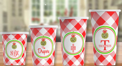 Personalized Christmas Mistletoe Red and White Gingham Hot/Cold Paper Party Cups