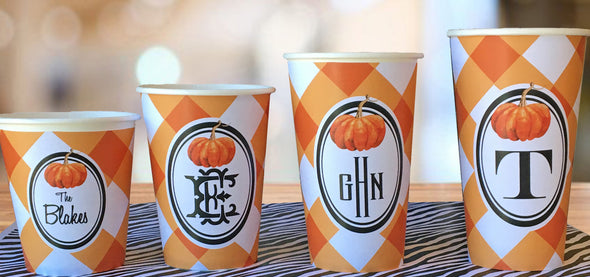 Orange Gingham Pumpkin Paper Party Cups - Set of 12