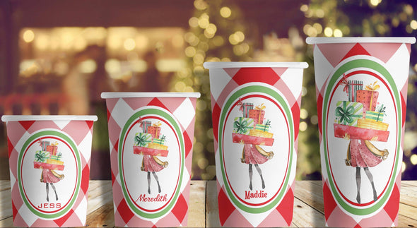 Red Gingham Watercolor Holiday Packages Hot/Cold Paper Party Cups - set of 12