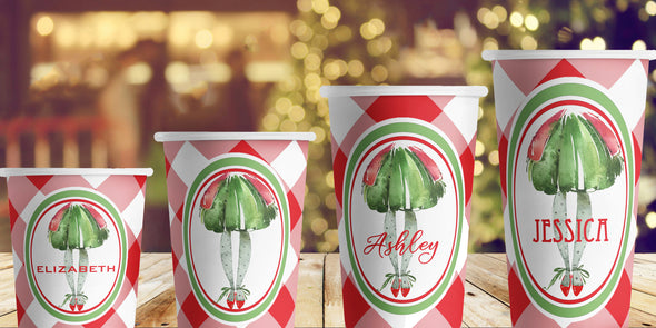 Red Gingham Watercolor Holiday Dress Hot/Cold Paper Party Cups - set of 12