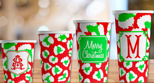 Red and Green Leopard Print Personalized or Plain Cups - Set of 12