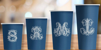 Navy Antique Single Monogram Party Hot/Cold Cups - Set of 12