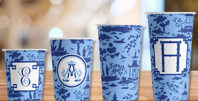 Blue Chinoiserie Pagoda  Hot/Cold Paper Party Cups- Set of 12