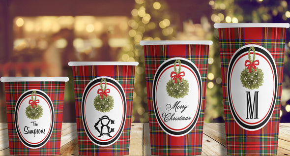 Personalized Royal Stewart Tartan Christmas Hot/Cold Paper Party Cups - Set of 12