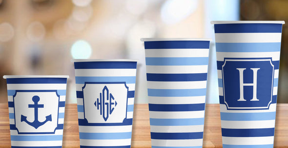 Blue Striped Paper Party Hot/Cold Cups in 4 sizes - Set of 12