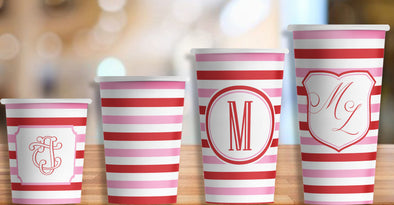 Pink and Red Striped Paper Party Hot/Cold Cups in 4 sizes - Set of 12