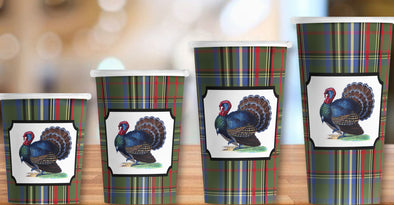 Olive Tartan Turkey Hot/Cold Paper Party Cups - Set of 12