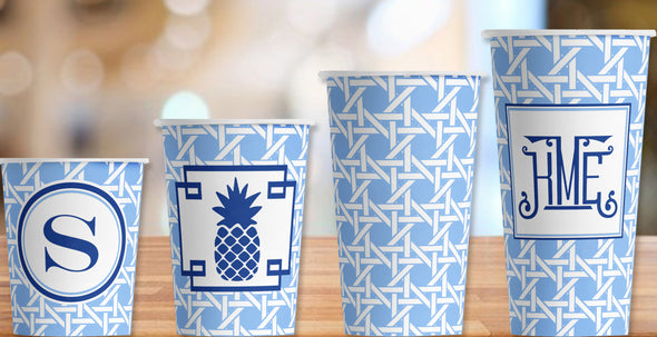 Light Blue Trellis Print Hot/Cold Paper Party Cups- Set of 12