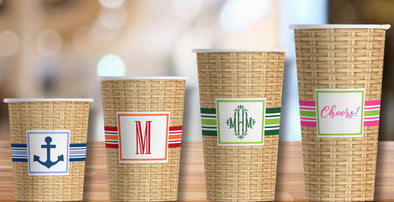 Wicker and Ribbon Striped Hot/Cold Paper Party Cups - Set of 12