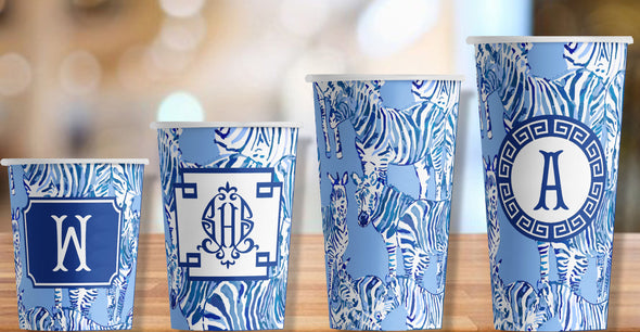 Blue Chinoiserie Zebra  Hot/Cold Paper Party Cups - Set of 12