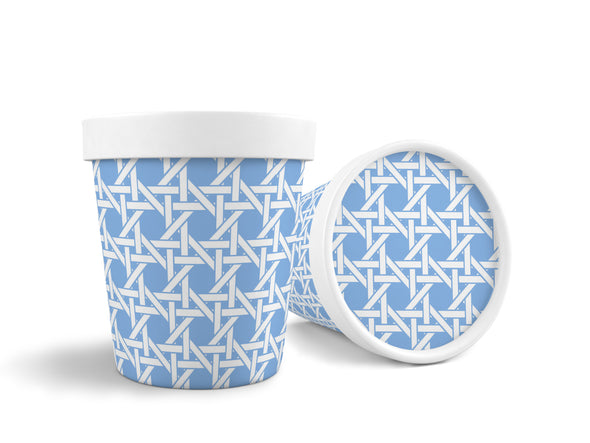 16 oz. Blue Cane Trellis Ice Cream, Soup, Favor Cup with Lids - Set of 12