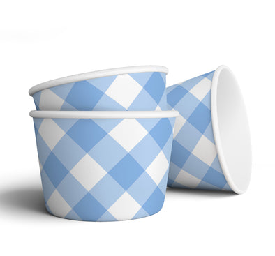 8 oz Blue Gingham Ice Cream, Soup, Favor Cup - Set of 12